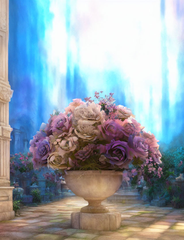 Pastel roses bouquet in stone vase in sunlit garden with ancient columns