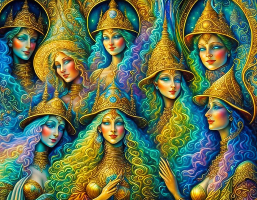 Vivid artwork of women in golden headpieces on swirling backdrop