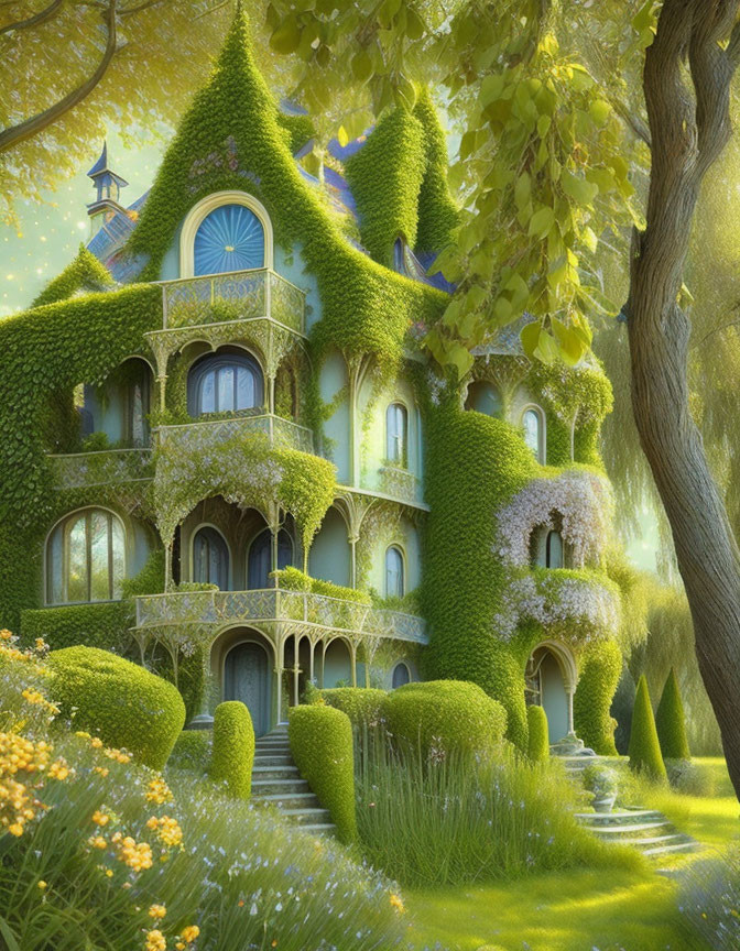 Whimsical multi-story house with ivy, rounded windows, balconies in vibrant garden