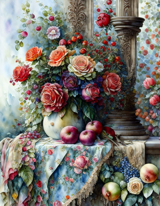 Classic Still Life Painting with Flowers, Fruit, and Column