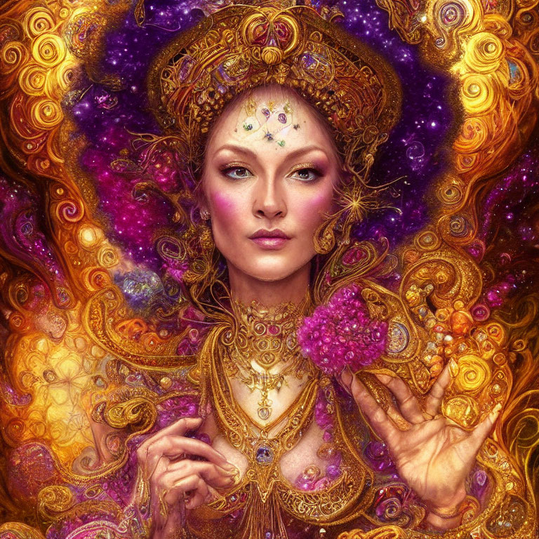 Detailed illustration: Regal woman in ornate golden attire with purple gems, holding a crystal, against