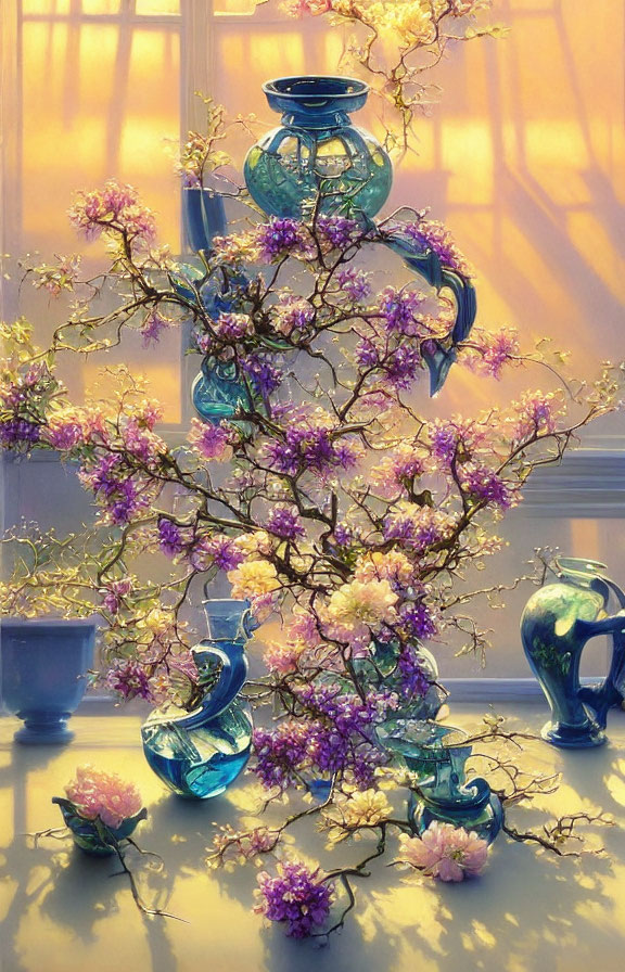 Blossoming branches in blue glass vases under golden light