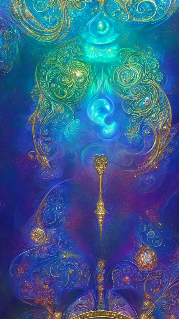 Intricate Golden Scepter on Cosmic Background with Magical Energy