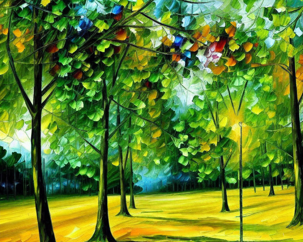 Vibrant impressionist painting of colorful park scene