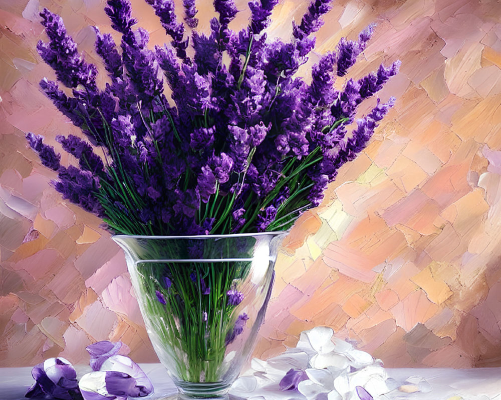 Purple lavender bouquet in clear glass vase on pastel background