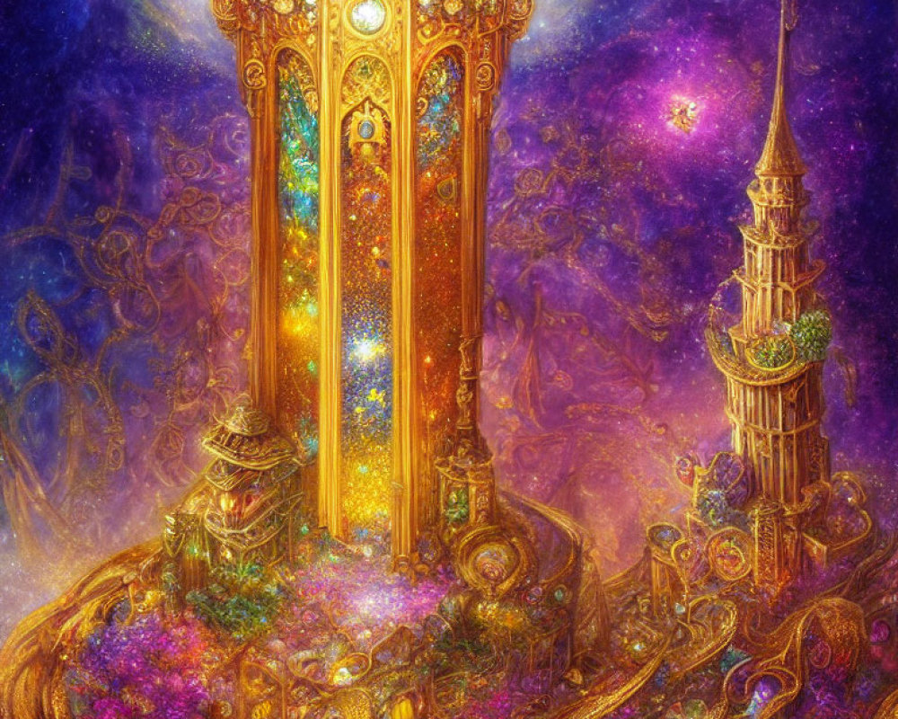 Detailed Fantasy Artwork: Golden Doorway, Tower, Cosmos, Flowers