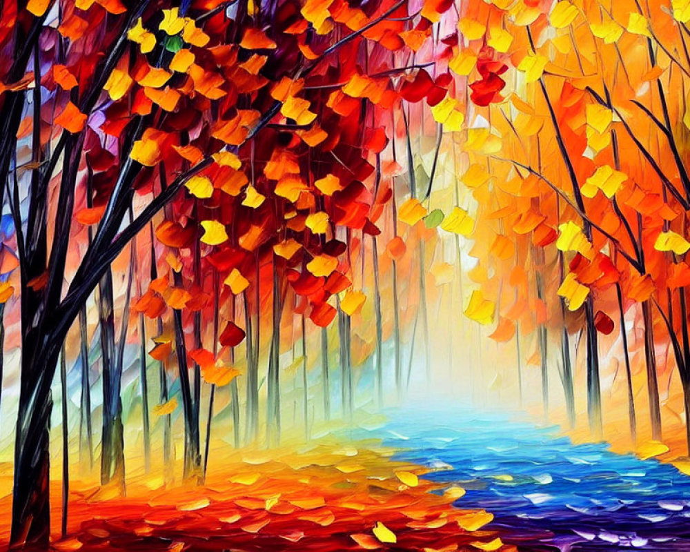 Colorful Stylized Forest Scene with Red, Orange, and Yellow Trees