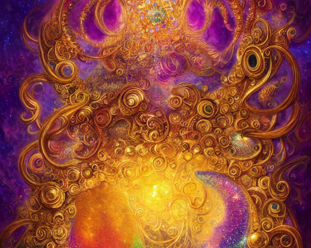 Intricate golden fractal patterns on cosmic purple-orange backdrop