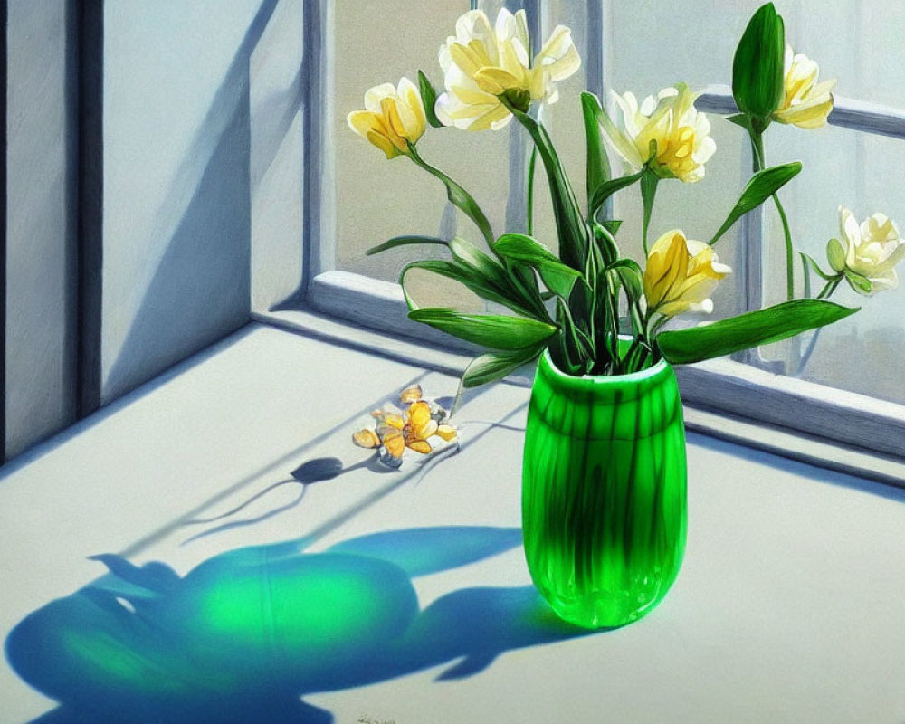 Green Glass Vase with Yellow and White Flowers on Windowsill with Vivid Shadow and Loose Sprig