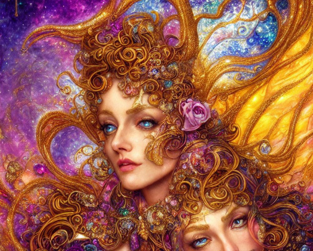 Artwork of Two Women with Golden Hair in Cosmic Setting