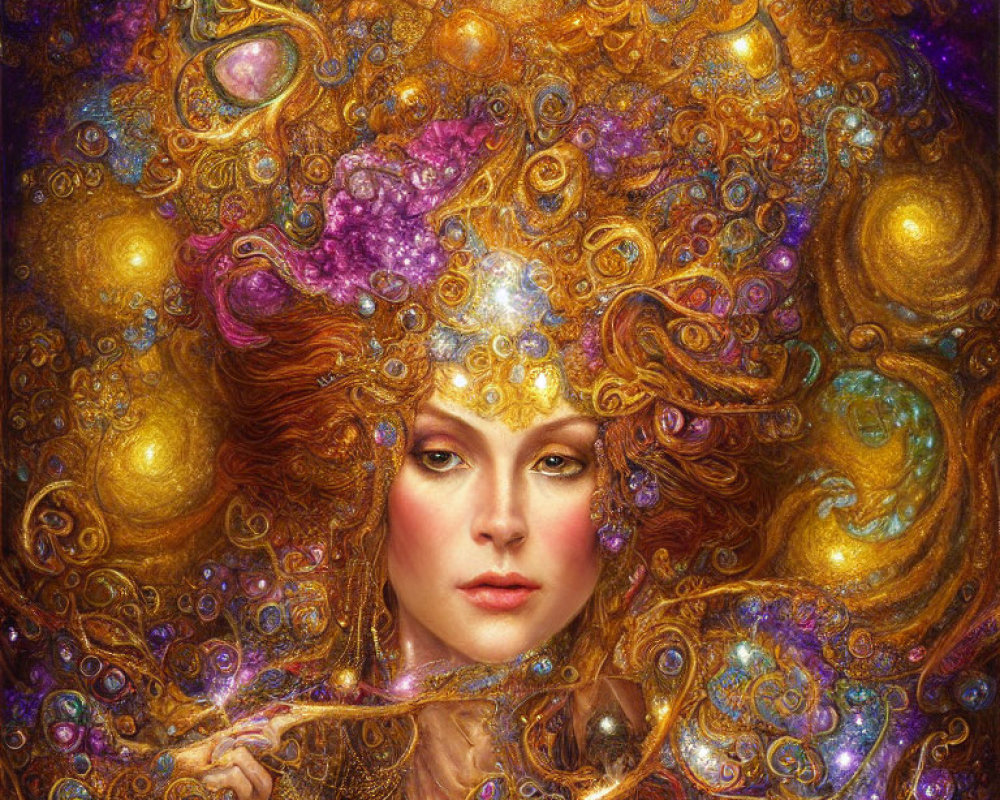 Opulent woman with golden curls and vibrant gems in ornate setting