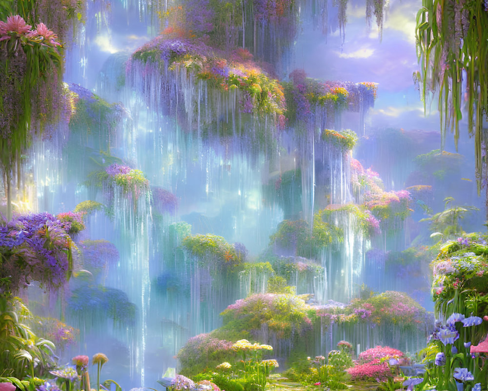 Vibrant garden with waterfalls, wisterias, and blooming flowers