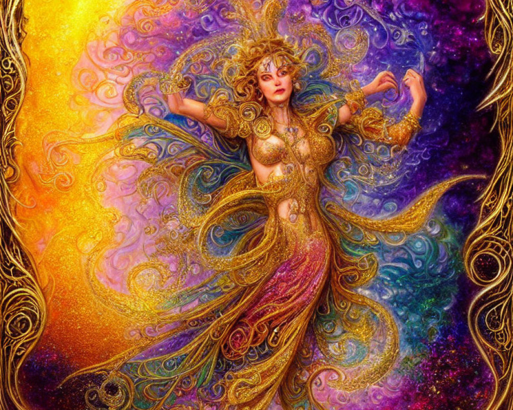 Colorful celestial woman in golden attire amid swirling nebula