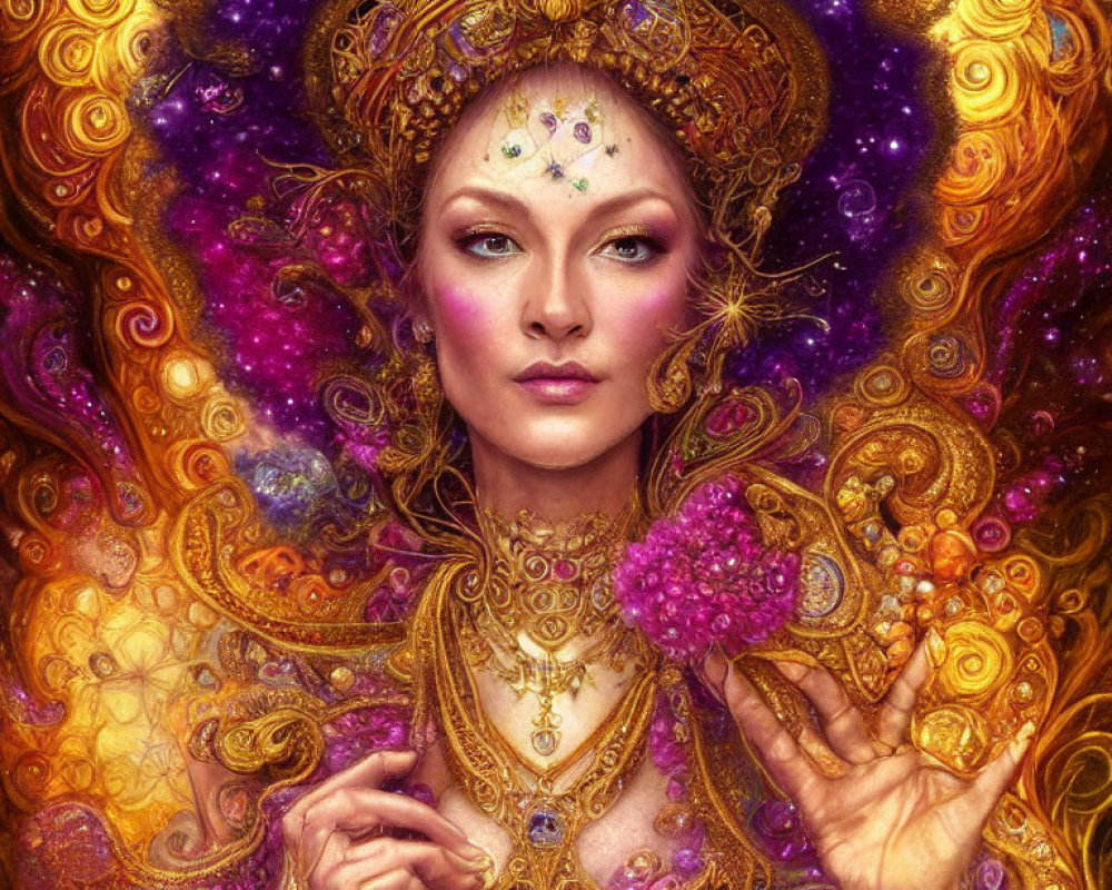 Detailed illustration: Regal woman in ornate golden attire with purple gems, holding a crystal, against