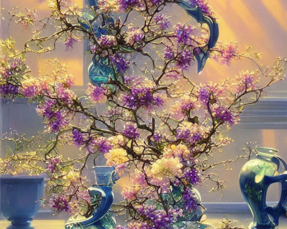 Blossoming branches in blue glass vases under golden light