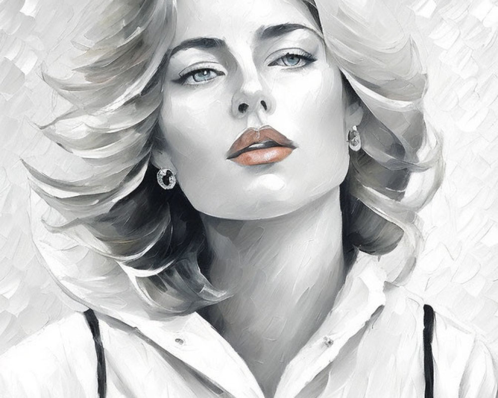 Monochromatic painting of a woman in white shirt and suspenders