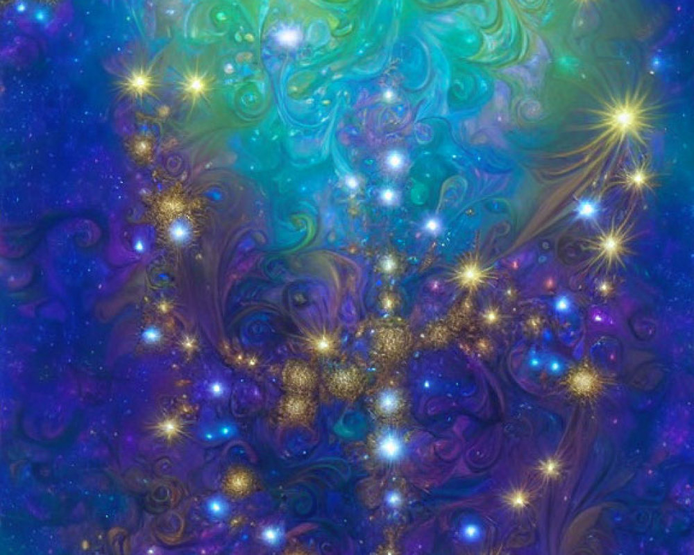 Vibrant digital artwork: Swirling blue and purple patterns with cosmic stars