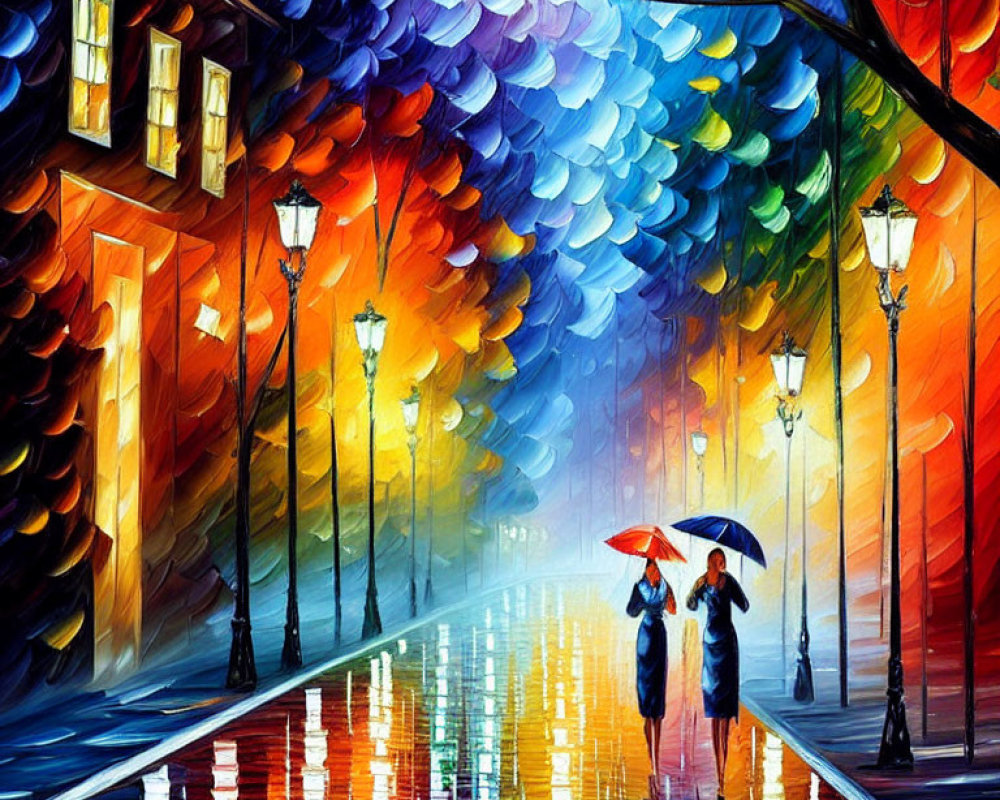 Impressionist-style painting of two people with umbrellas on a reflective street