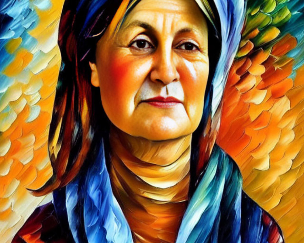 Colorful Stylized Portrait of Smiling Woman with Blue Headscarf