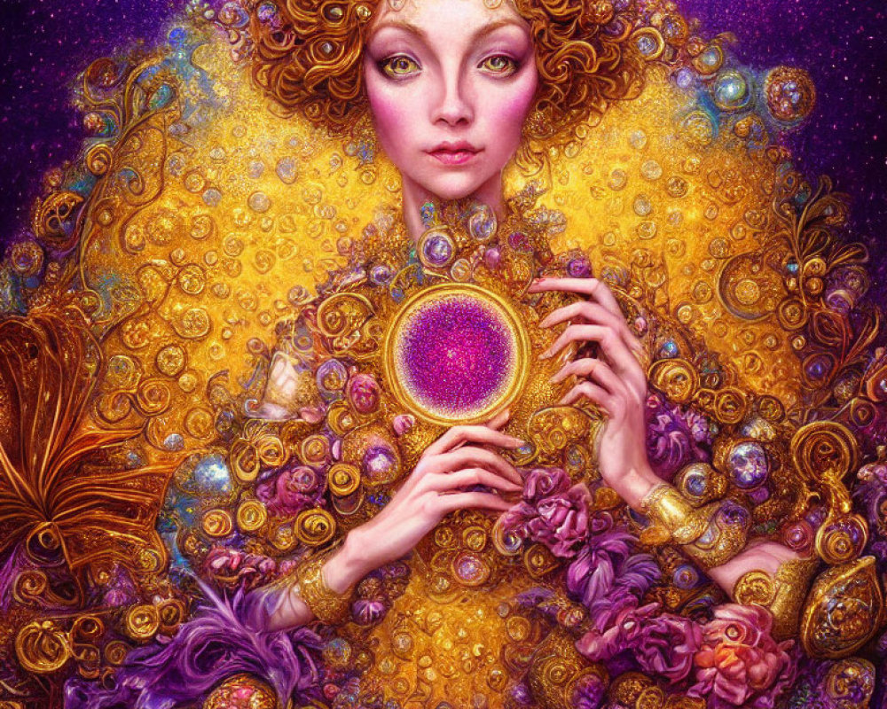 Woman with Golden Curls and Cosmic Motifs Holding Purple Orb in Floral Setting