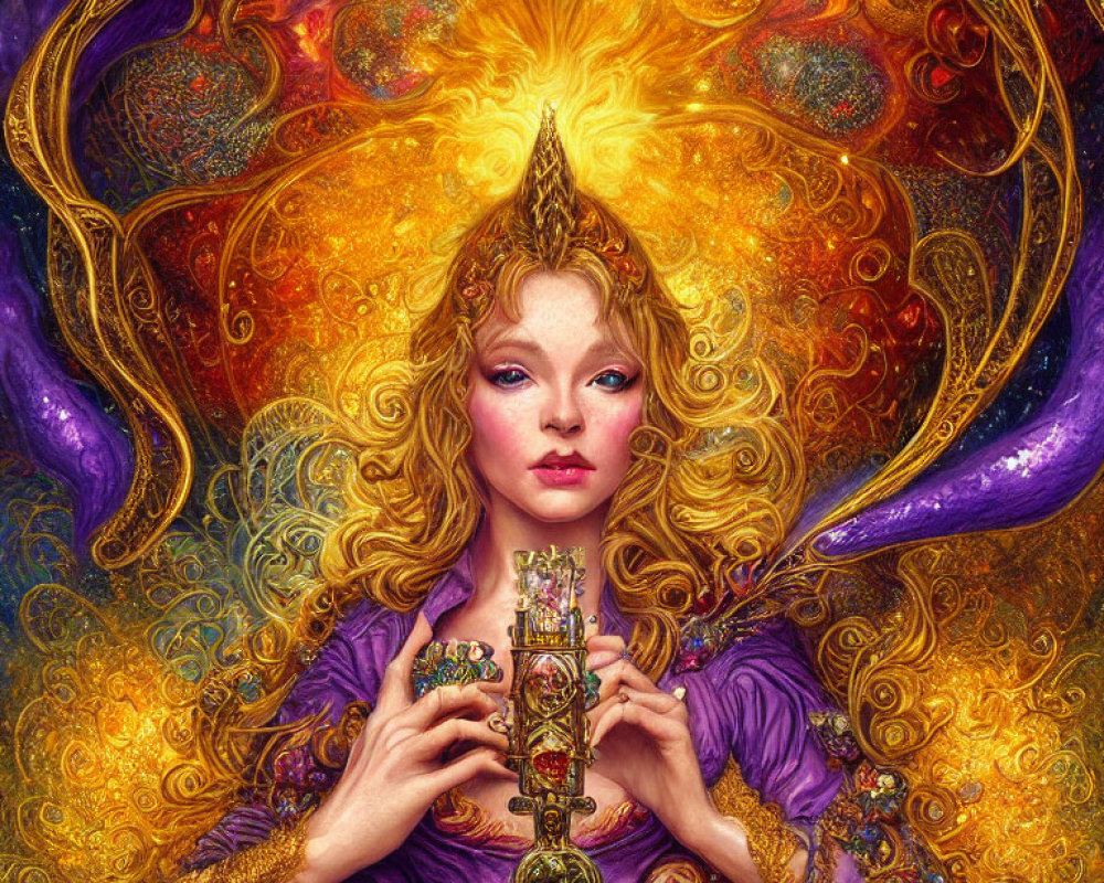 Vibrant portrait of woman with fiery golden hair and ornate scepter