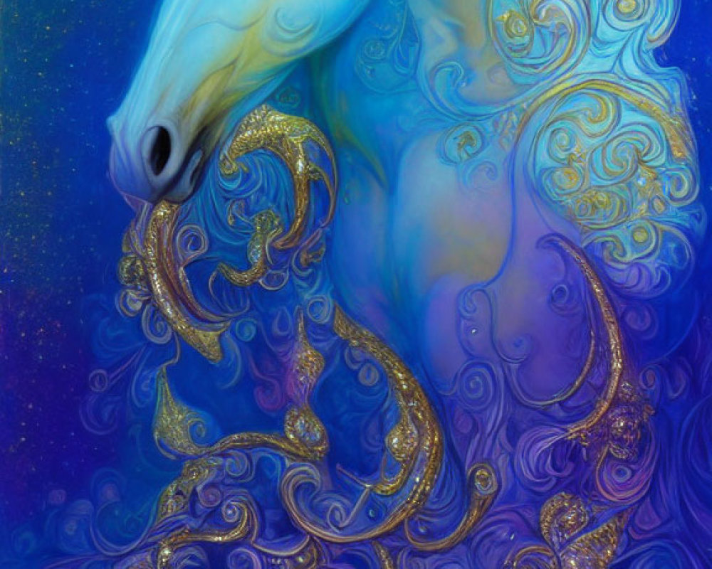 Majestic unicorn with blue and gold swirling mane in starry setting