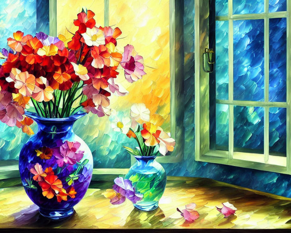 Colorful Flowers in Vases on Wooden Table by Window with Blue Curtains