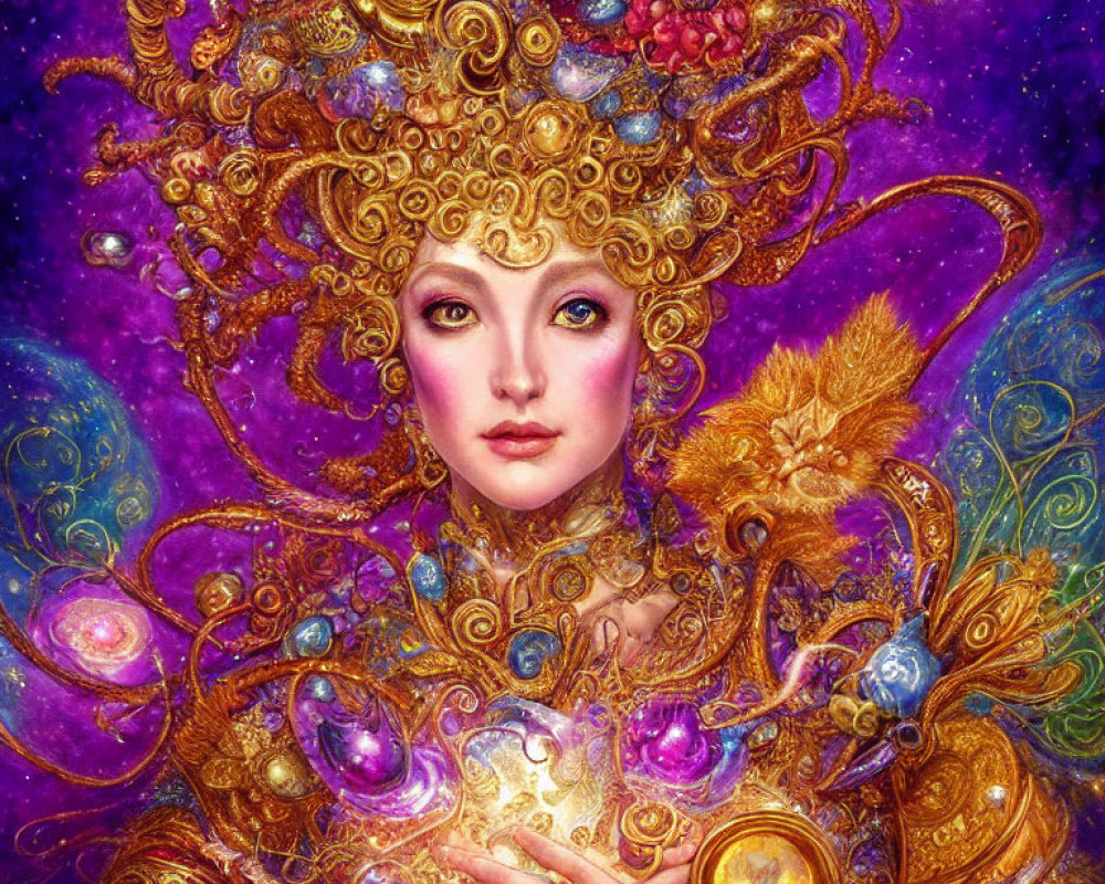 Colorful portrait of woman with golden headdress in cosmic setting