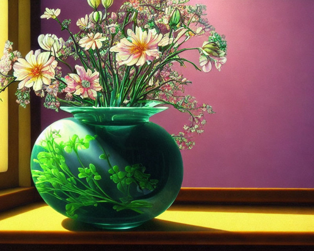 Pink and White Flower Bouquet in Green Vase Beside Purple Wall