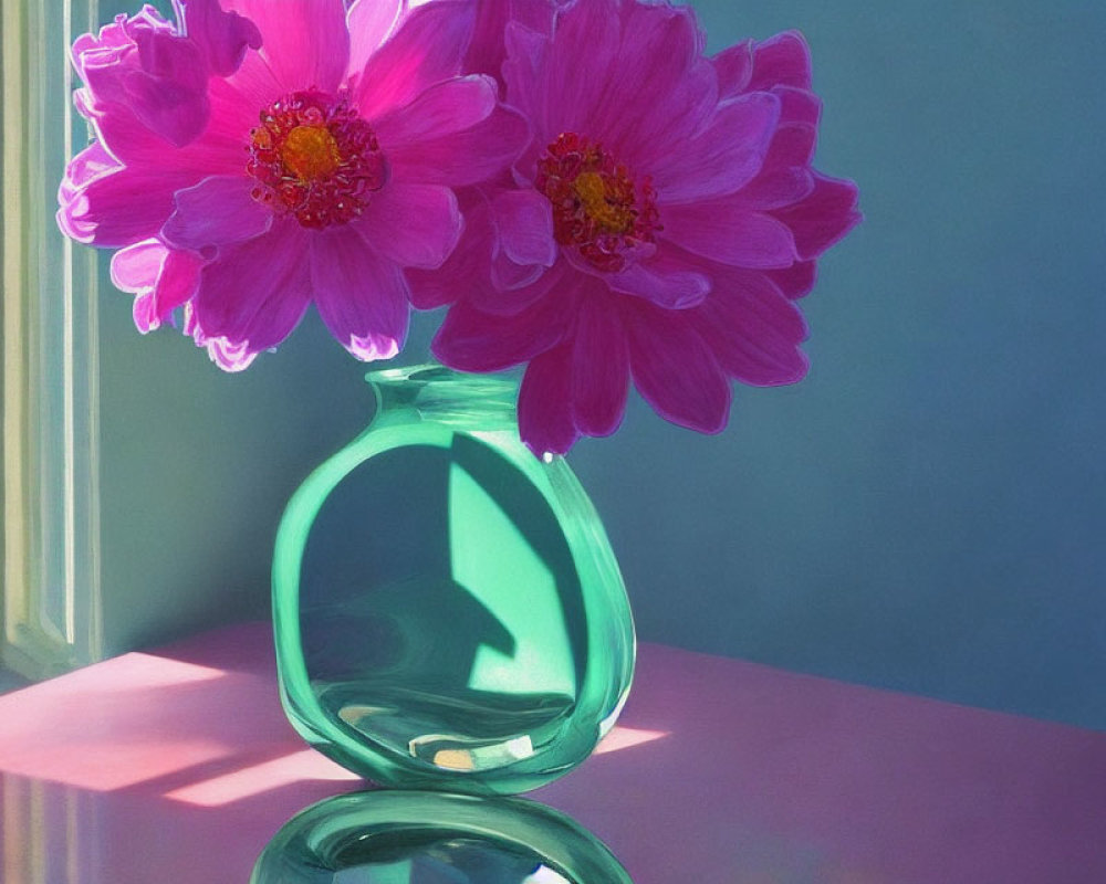 Vibrant pink flowers in green glass vase on table with sunlight reflection