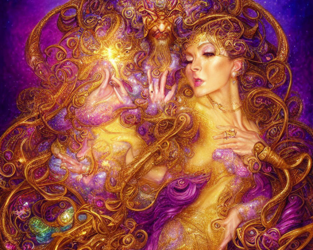 Ornate golden woman in swirling patterns on cosmic purple backdrop