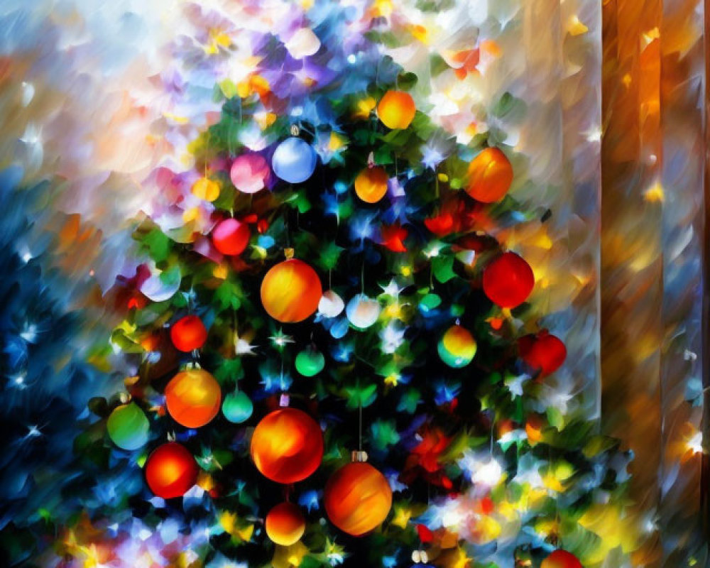 Colorful Christmas Tree Painting Beside Arched Doorway