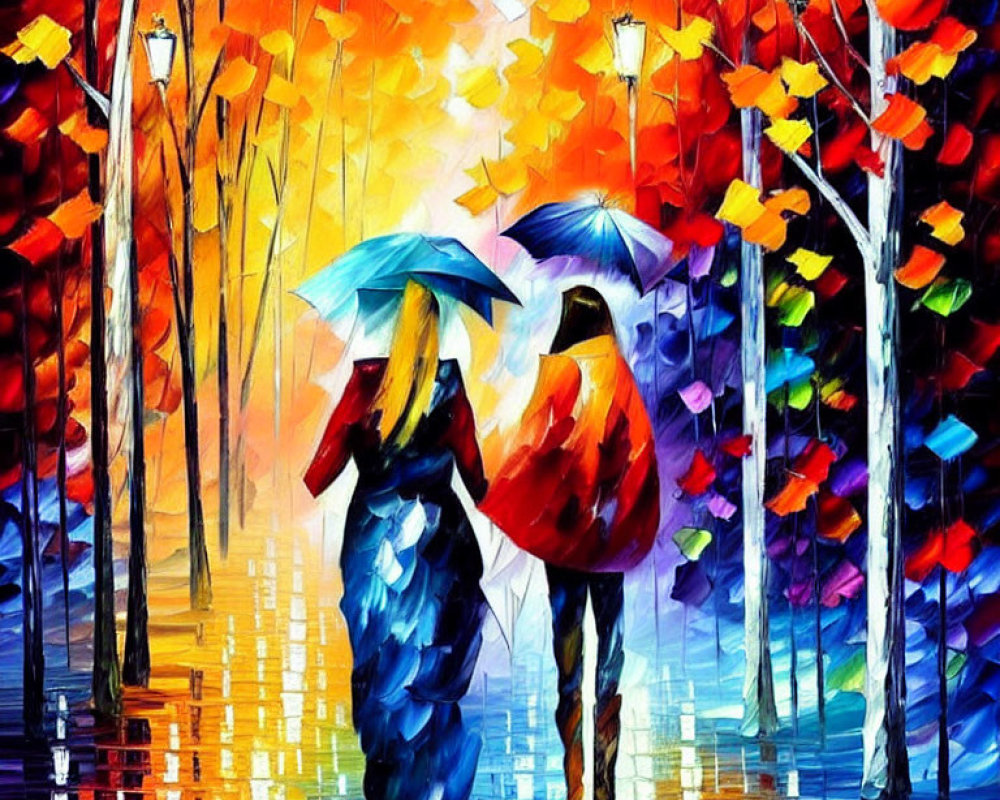 Vibrant autumn path with two people and umbrellas