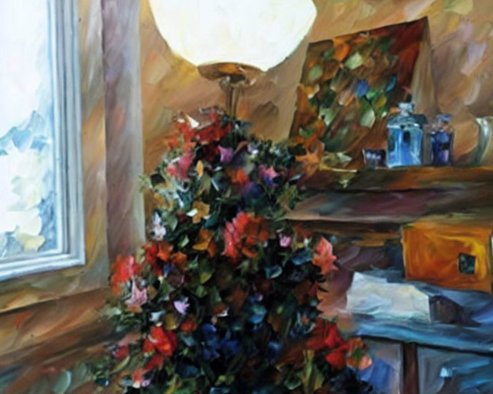 Impressionistic painting of room with flowers, lamp, and window