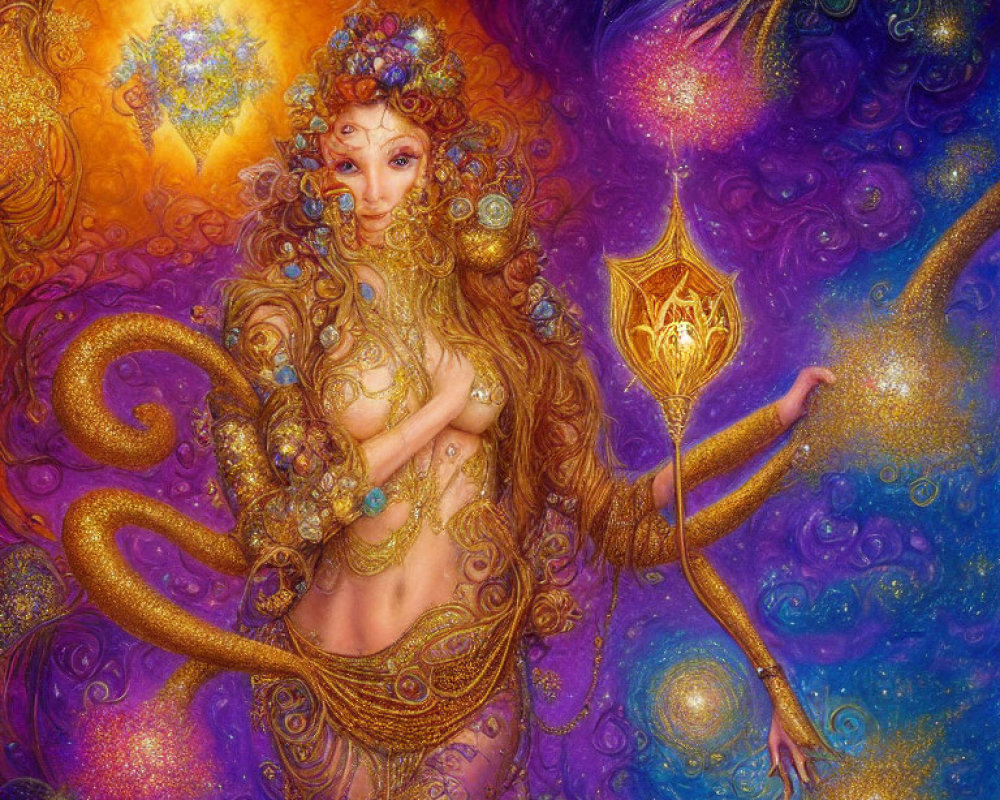 Fantasy image of a woman with gold jewelry in cosmic setting