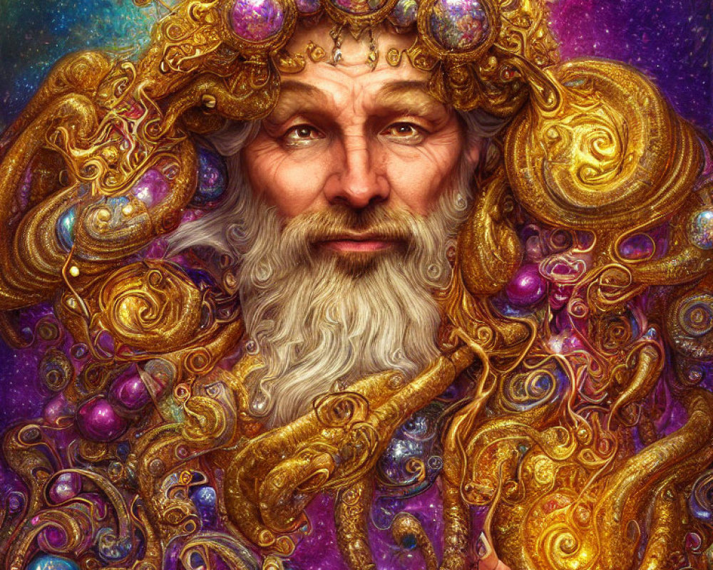 Regal elder man in golden attire with purple gems on cosmic backdrop