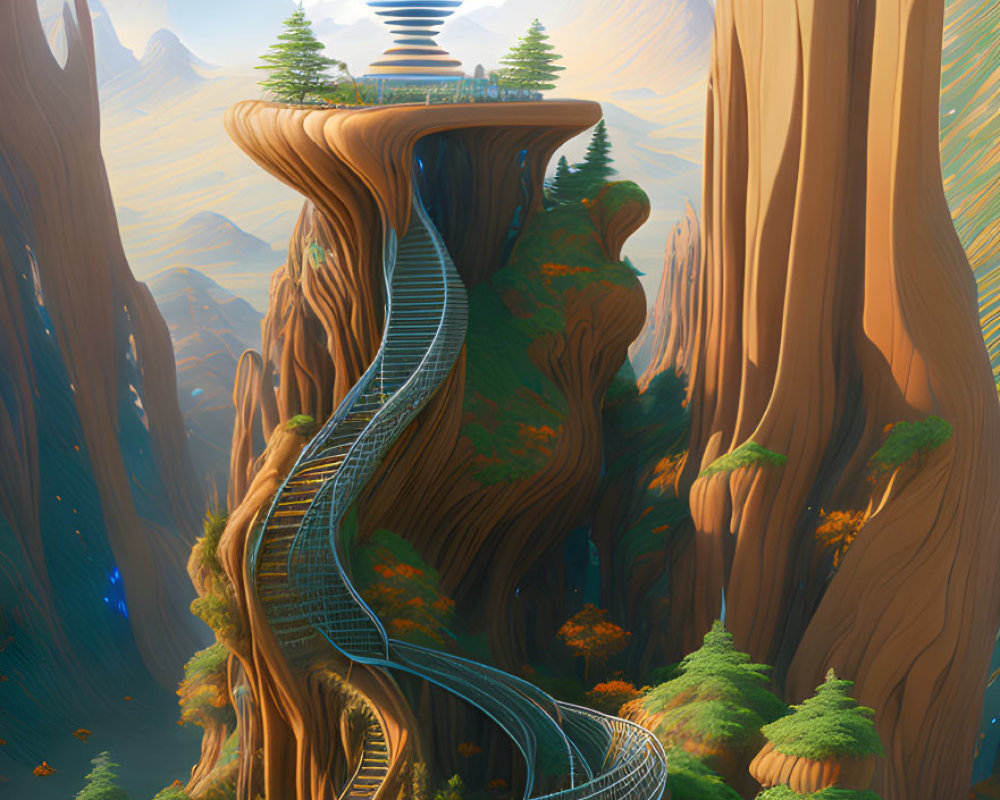 Twisting road through fantastical forest to futuristic structure