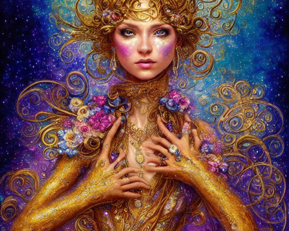 Fantastical image: Woman with golden jewelry and flowers in cosmic setting