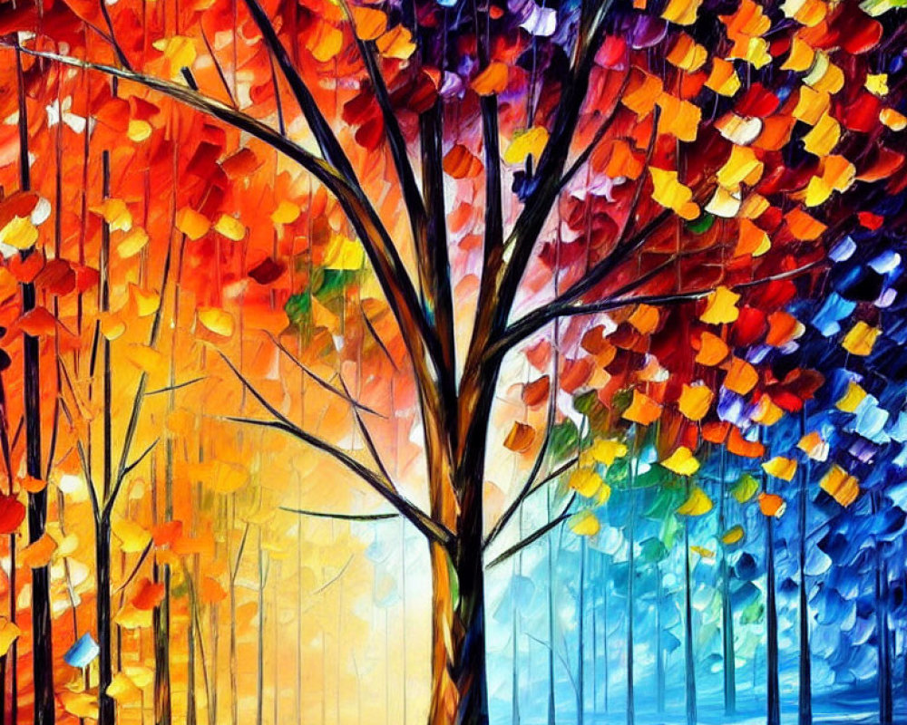 Colorful Autumn Forest Painting with Vibrant Hues and Thick Brushstrokes