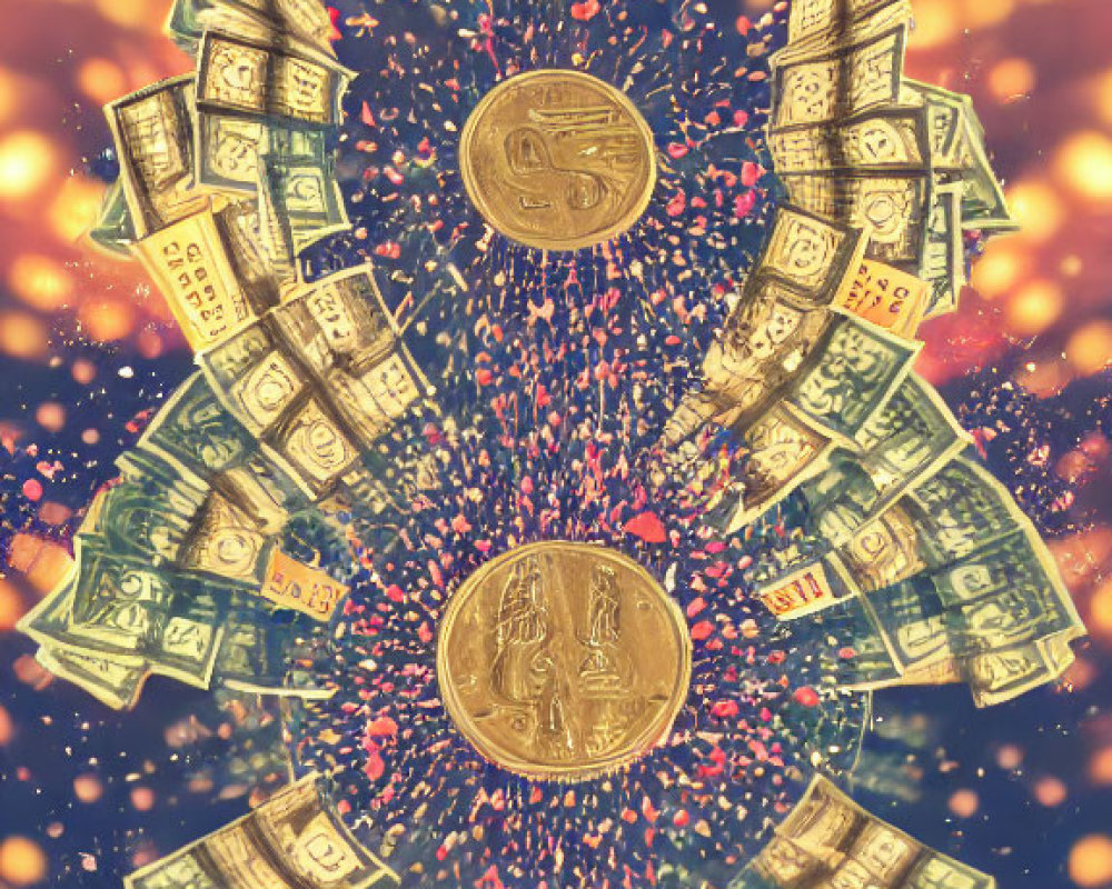 Shiny gold coin surrounded by swirling dollar bills on radiant background