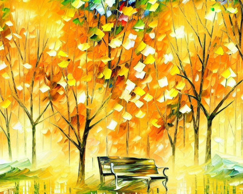 Colorful autumn park painting with solitary bench and mosaic ground