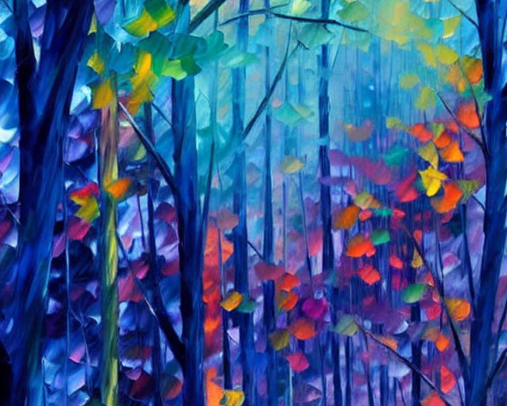 Impressionist-style forest painting with blue trunks and colorful autumn leaves