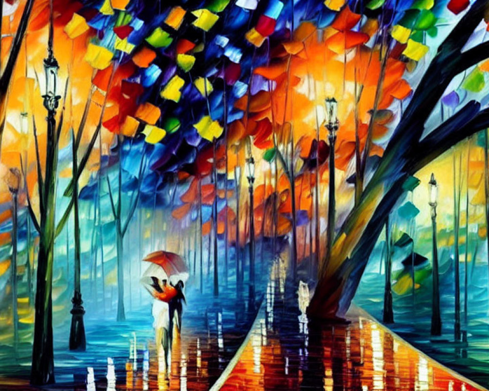 Vibrant impressionistic painting of rainy street scene with colorful umbrellas and couple under red one,