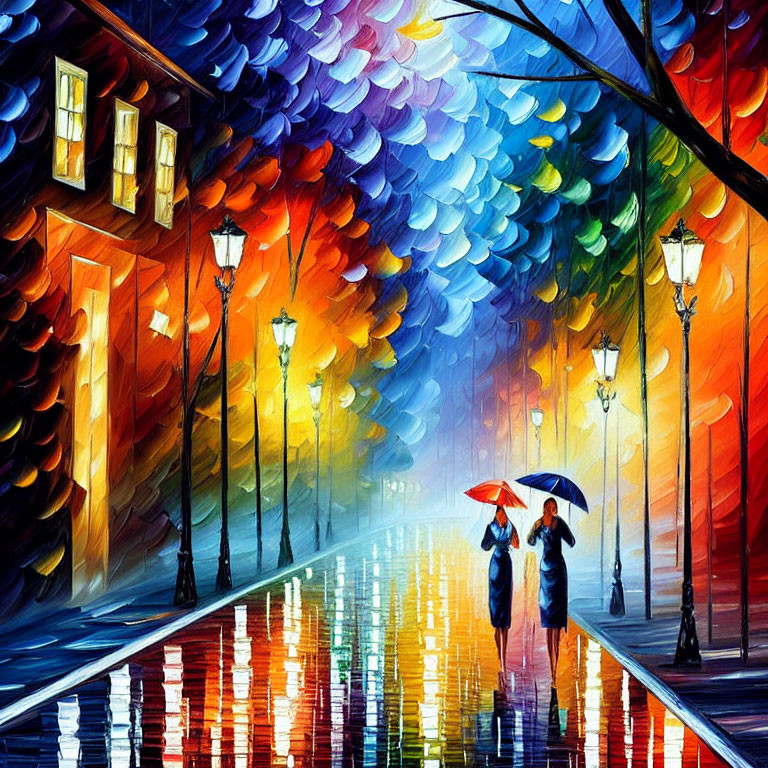 Impressionist-style painting of two people with umbrellas on a reflective street