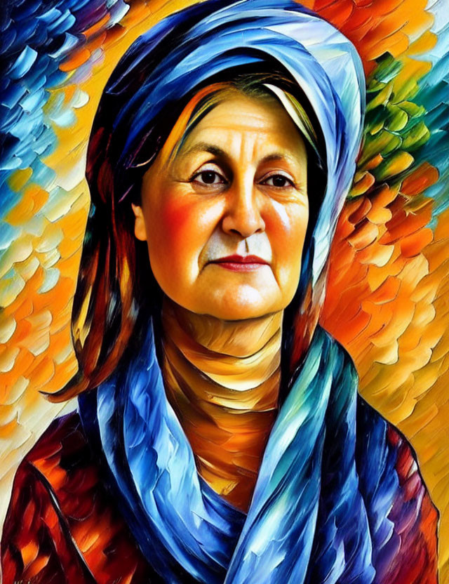 Colorful Stylized Portrait of Smiling Woman with Blue Headscarf