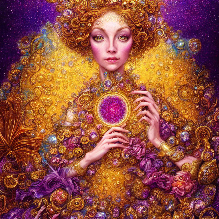 Woman with Golden Curls and Cosmic Motifs Holding Purple Orb in Floral Setting