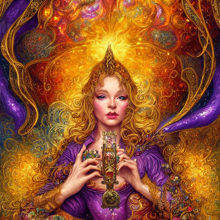 Vibrant portrait of woman with fiery golden hair and ornate scepter