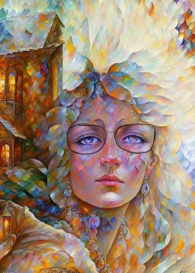 Colorful painting: Woman with feathers, castle, and ethereal tones