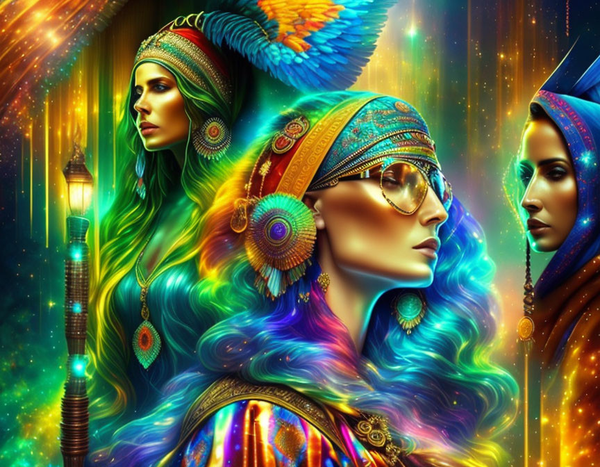 Colorful digital art featuring three women with flowing hair and ornate headpieces against a mystical background