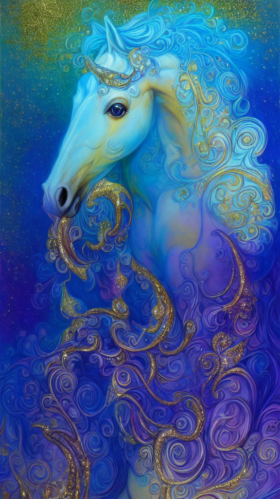 Majestic unicorn with blue and gold swirling mane in starry setting